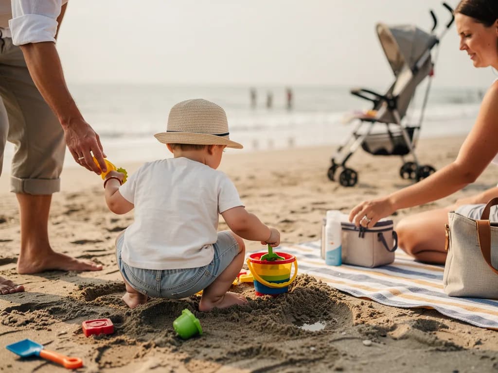 Kleinkind mit Sonnenhut spielt am Strand mit Eimer und Schaufel, Eltern sitzen daneben, Buggy im Hintergrund.
