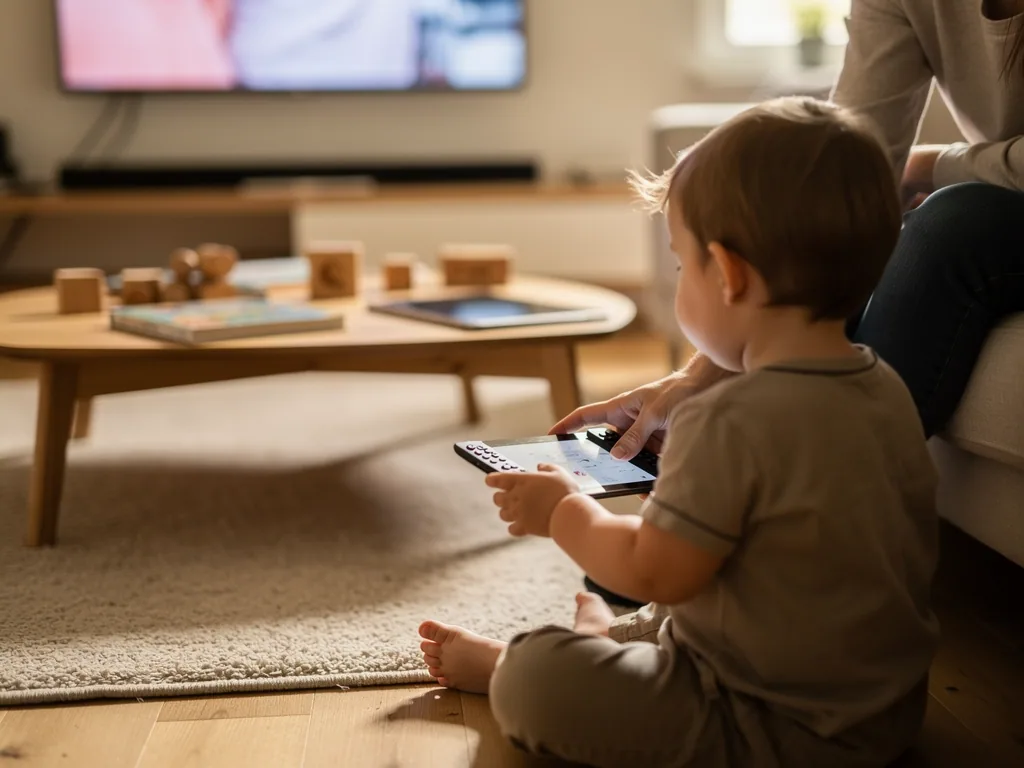 Kleinkind sitzt im Wohnzimmer mit Fernbedienung vor laufendem Fernseher, ein Erwachsener begleitet es.