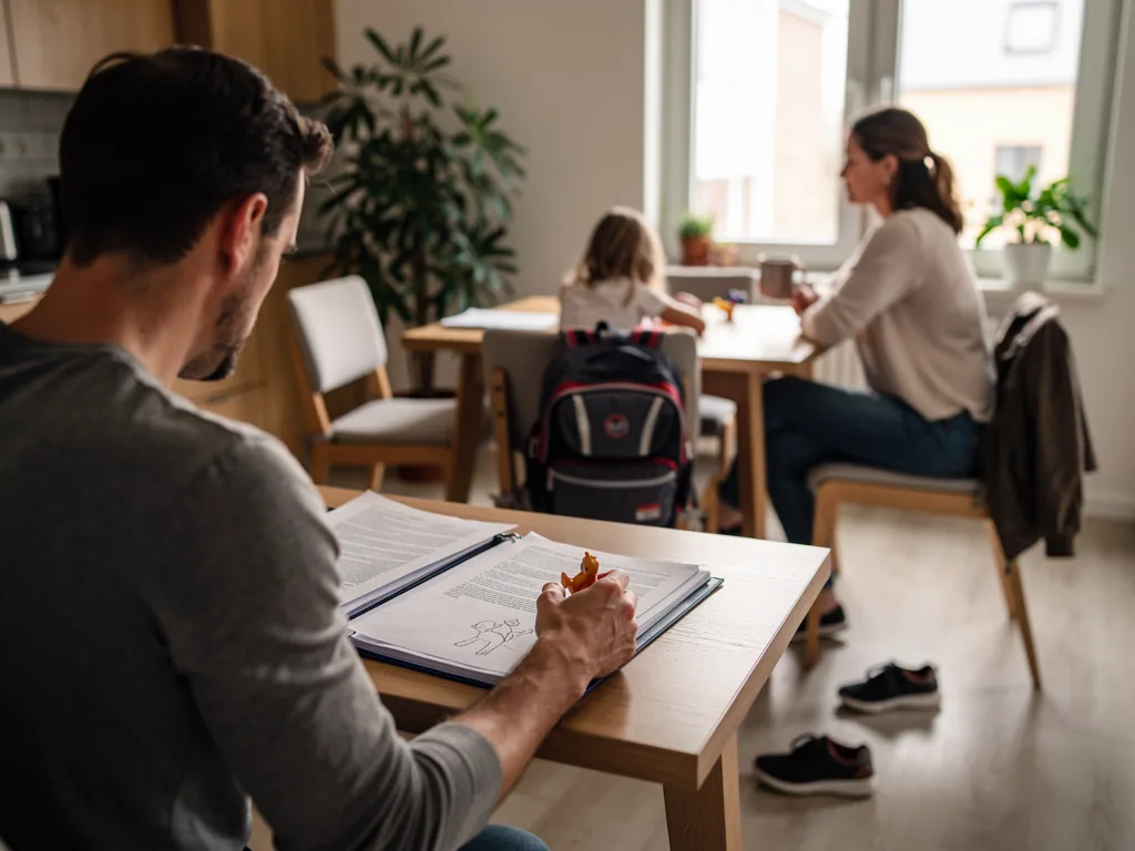 Mann liest Unterlagen am Tisch, im Hintergrund sitzen Frau und Kind mit Schulranzen in der Küche.