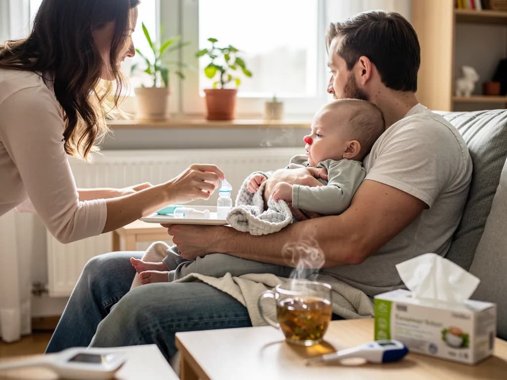 Mutter bereitet Nasentropfen vor, Vater hält erkältetes Baby mit roter Nase auf dem Sofa.