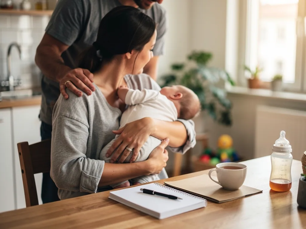 Mutter hält ihr Baby am Küchentisch, Vater steht hinter ihr; Notizbuch, Tee und Babyflasche liegen bereit.