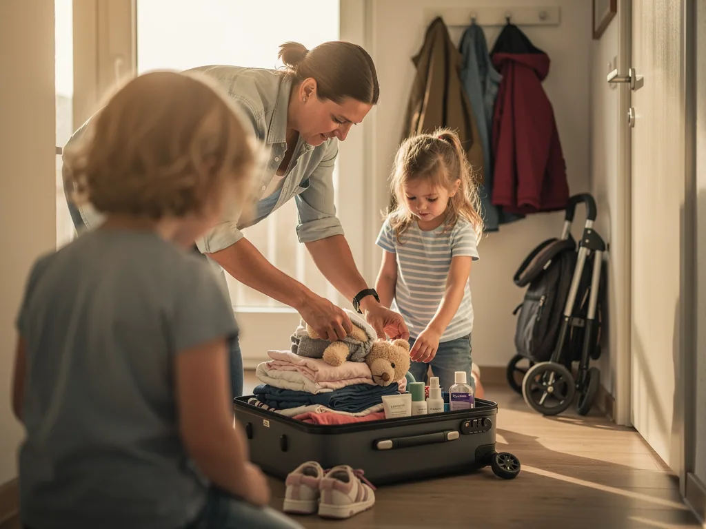 Mutter packt mit zwei Kindern Kleidung, Kuscheltiere und Pflegeartikel in einen Koffer im Flur.