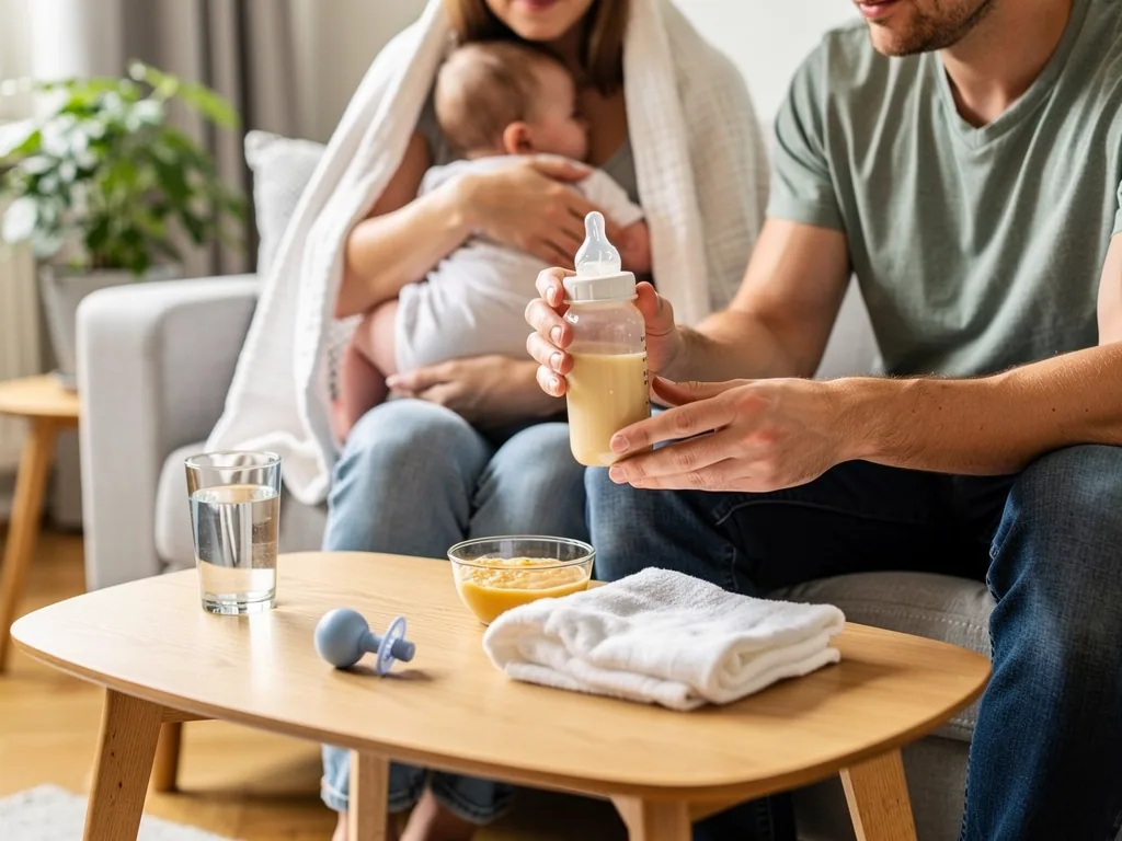 Mutter stillt Baby auf dem Sofa, Vater hält ein Fläschchen; auf dem Tisch stehen Brei, Wasser, Schnuller und Tuch.
