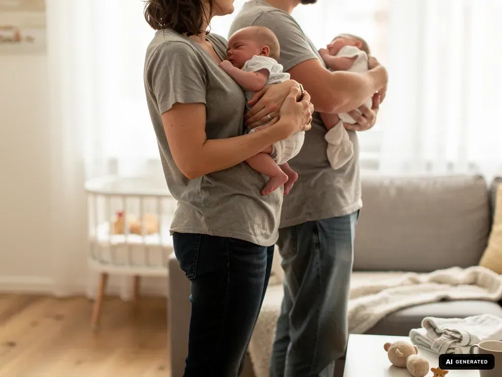 Mutter und Vater halten je ein neugeborenes Zwillingsbaby im hellen Wohnzimmer.