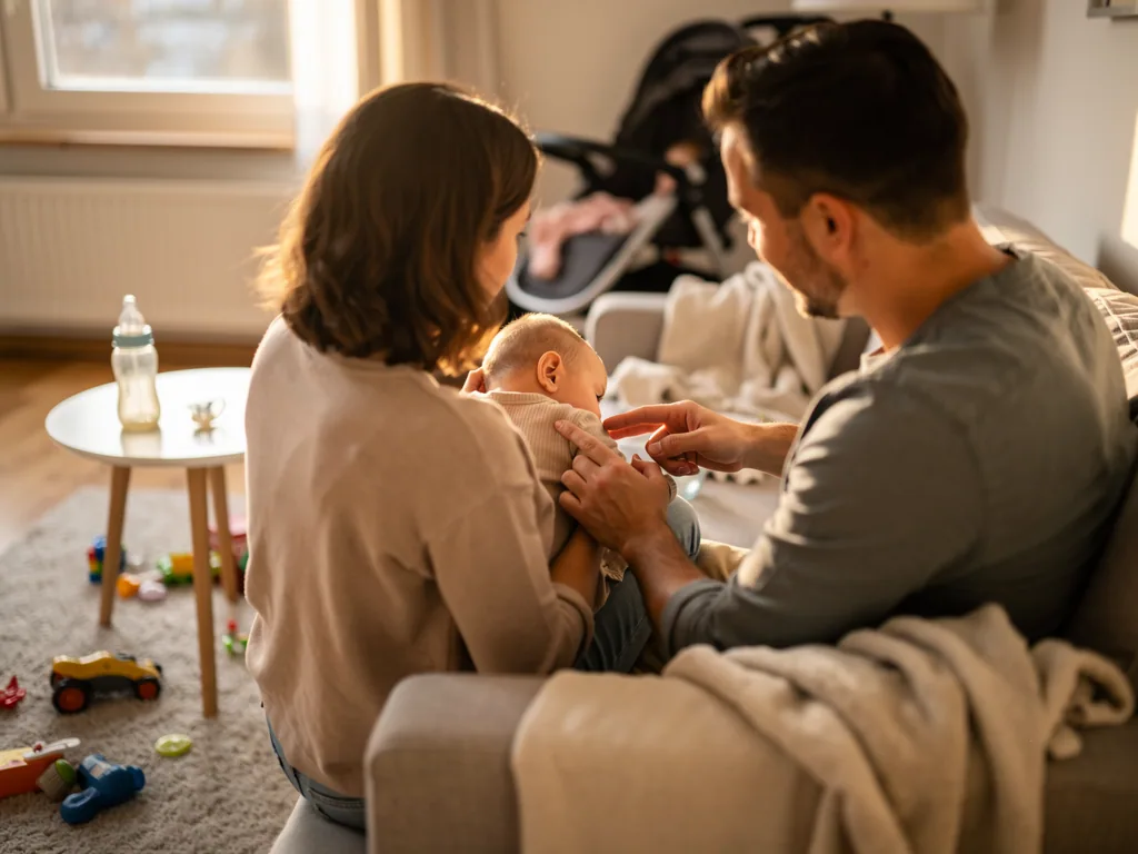 Mutter und Vater sitzen auf dem Sofa und kümmern sich gemeinsam um ihr Baby im Wohnzimmer.