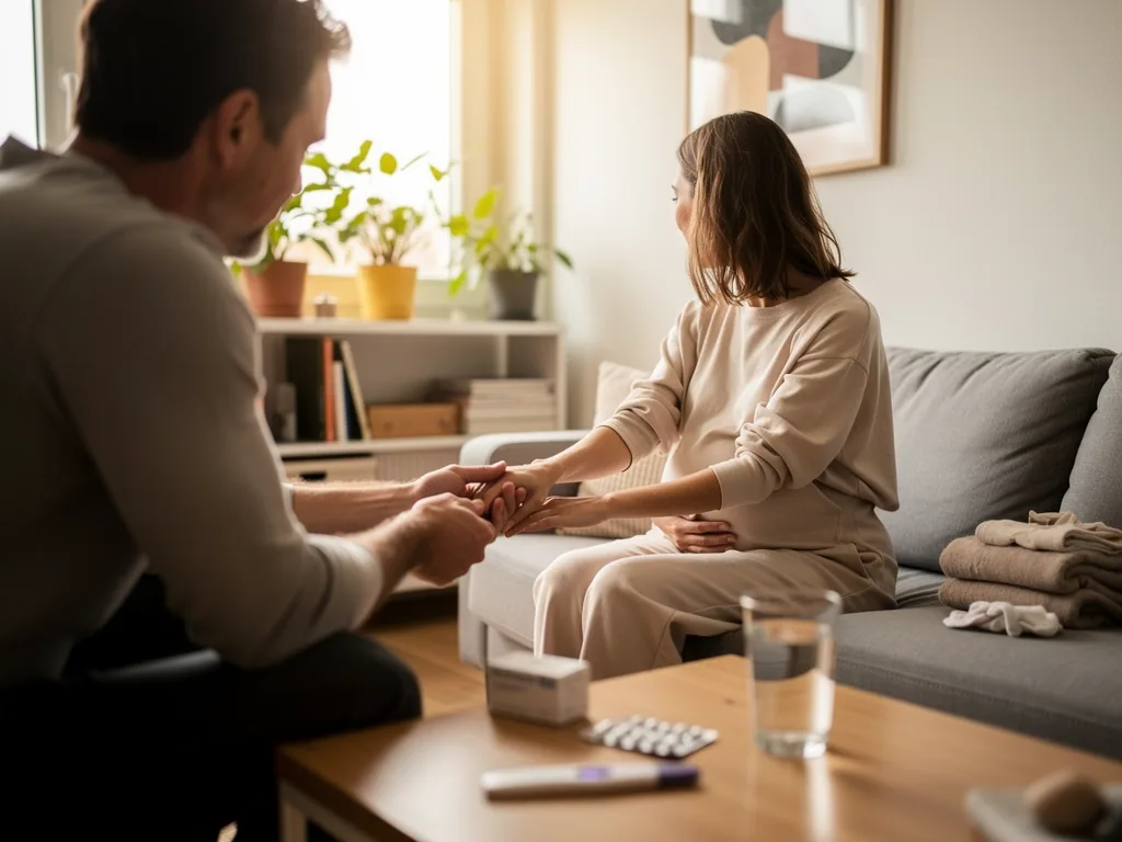 Paar sitzt auf dem Sofa, hält sich an den Händen; auf dem Tisch liegen Schwangerschaftstest, Tabletten und Wasserglas.