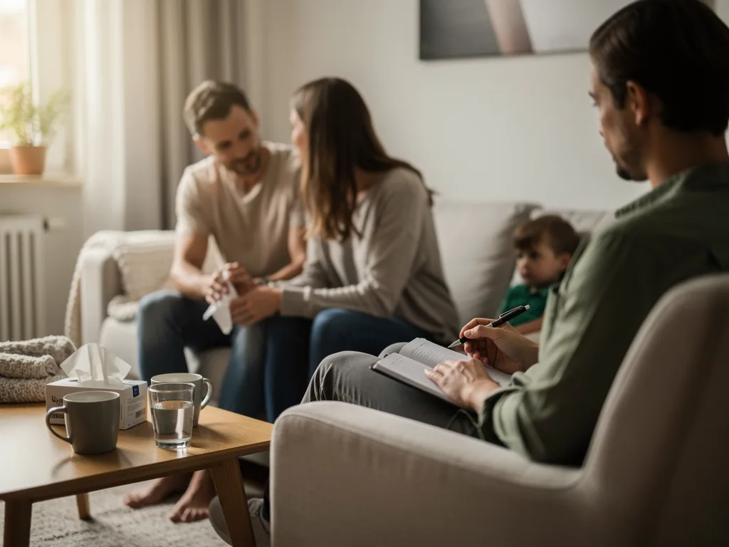 Paar sitzt in einer Therapiesitzung auf dem Sofa, Therapeut macht Notizen, ein Kind sitzt daneben.