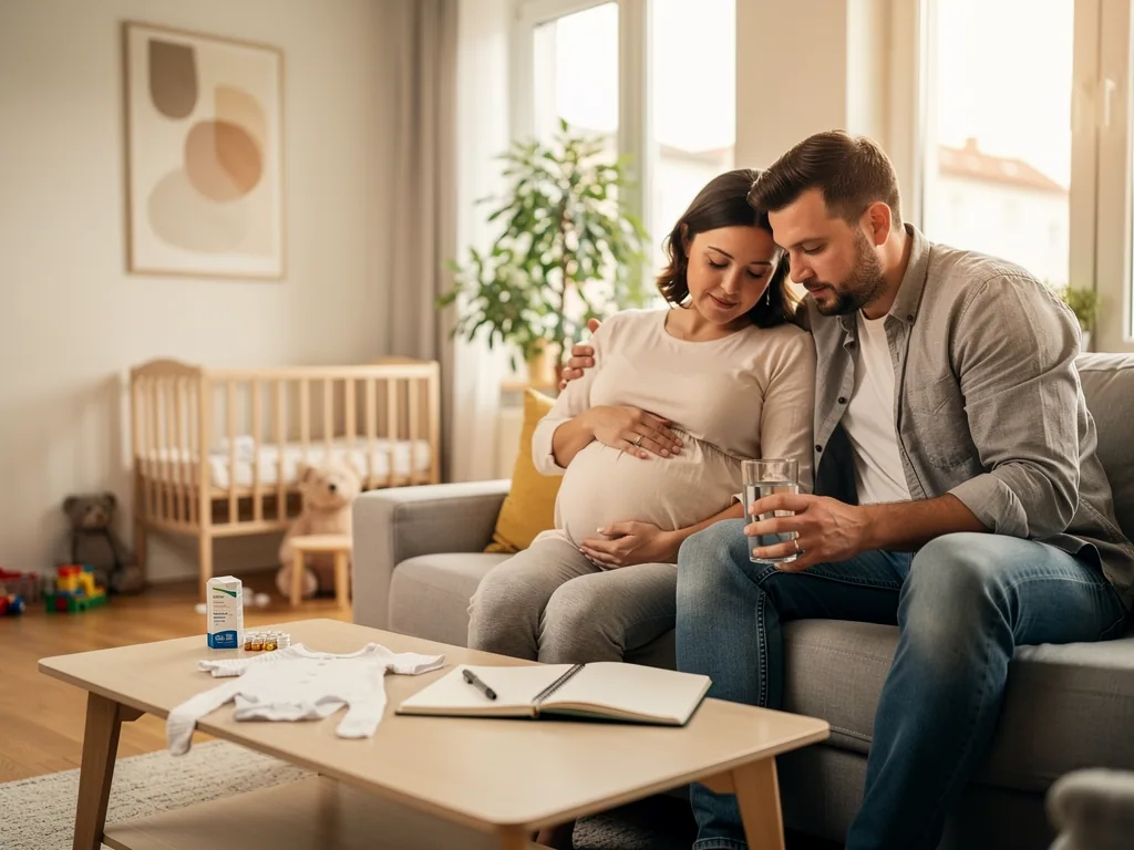 Schwangere Frau in der 32. SSW sitzt mit Partner im Wohnzimmer neben Babybett und Babyutensilien.