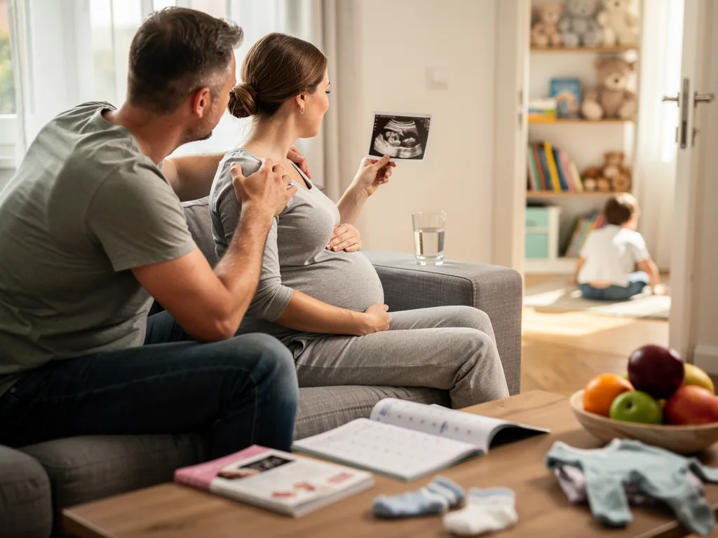 Schwangere Frau in der 33. SSW hält ein Ultraschallbild, Partner sitzt neben ihr, Kind spielt im Hintergrund.