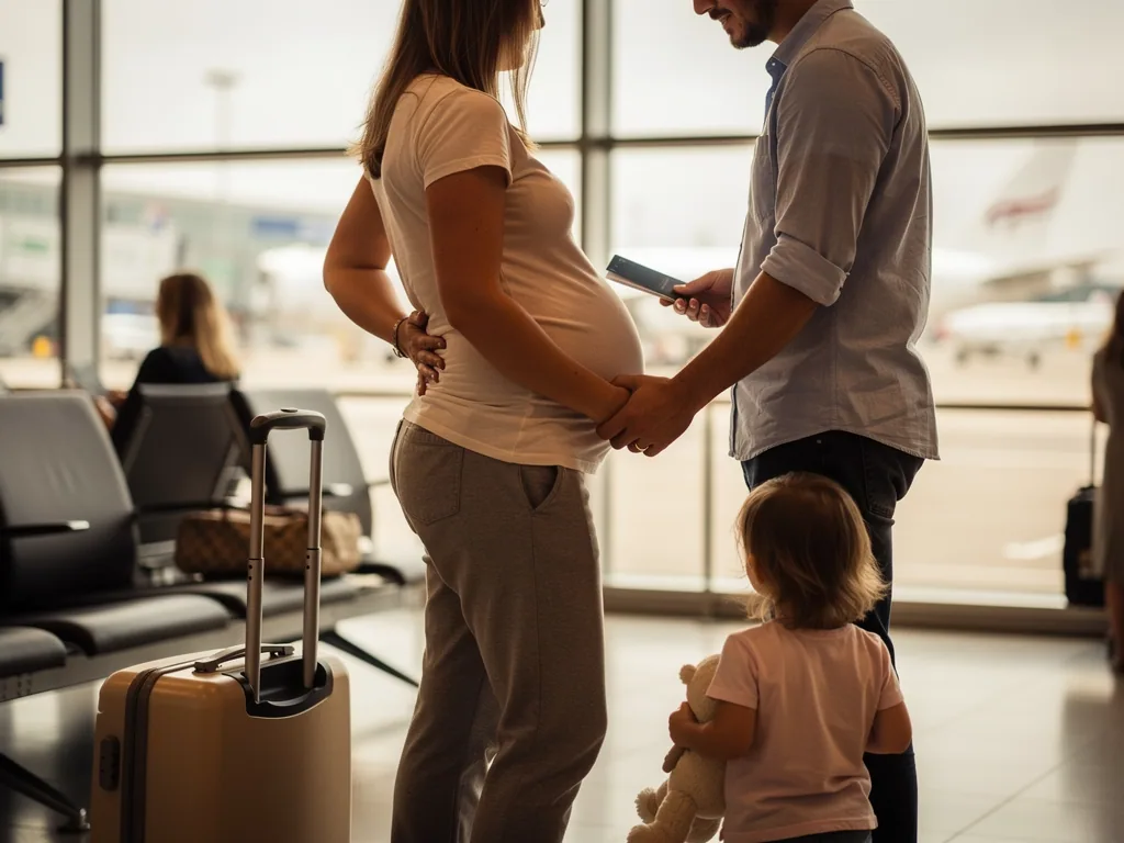 Schwangere Frau mit Partner, Kind und Koffer wartet am Flughafen vor großen Fenstern.