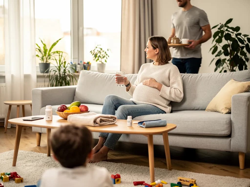 Schwangere Frau sitzt mit Wasserglas auf dem Sofa, ein Mann bringt Tee, ein Kind spielt im Wohnzimmer.