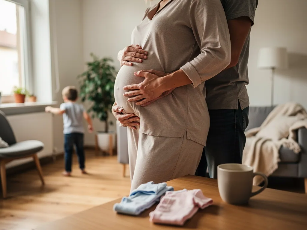 Schwangere Frau und Partner halten ihren Bauch; im Hintergrund steht ein Kleinkind am Fenster.