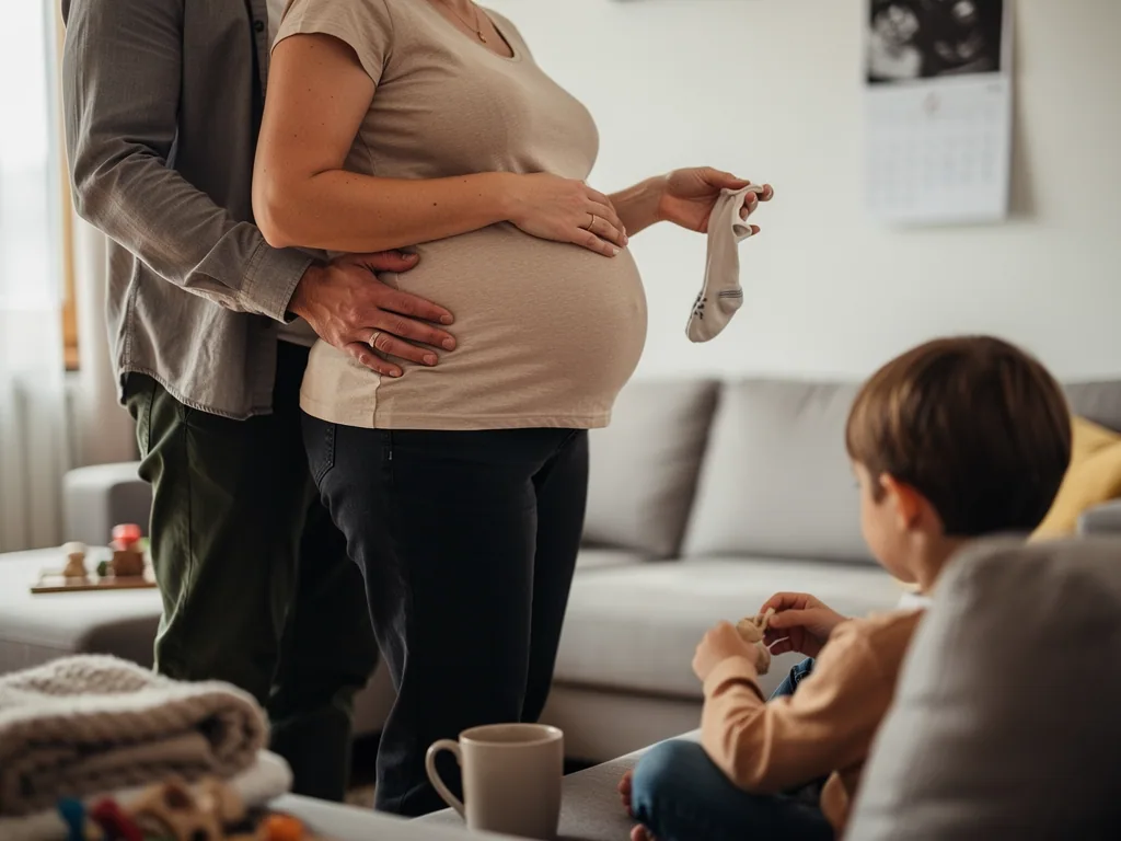 Schwangere hält Babysocke, Partner umfasst ihren Bauch, ein Kind sitzt im Wohnzimmer daneben.