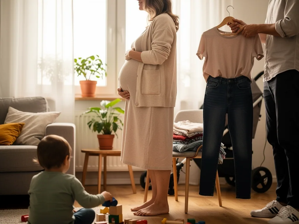 Schwangere im Kleid steht im Wohnzimmer, daneben hält eine Person Shirt und Jeans, ein Kleinkind spielt am Boden.