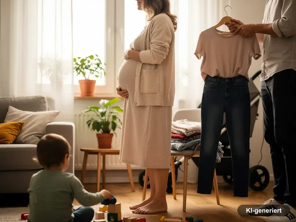 Schwangere im Kleid steht im Wohnzimmer, daneben hält eine Person Shirt und Jeans, ein Kleinkind spielt am Boden.