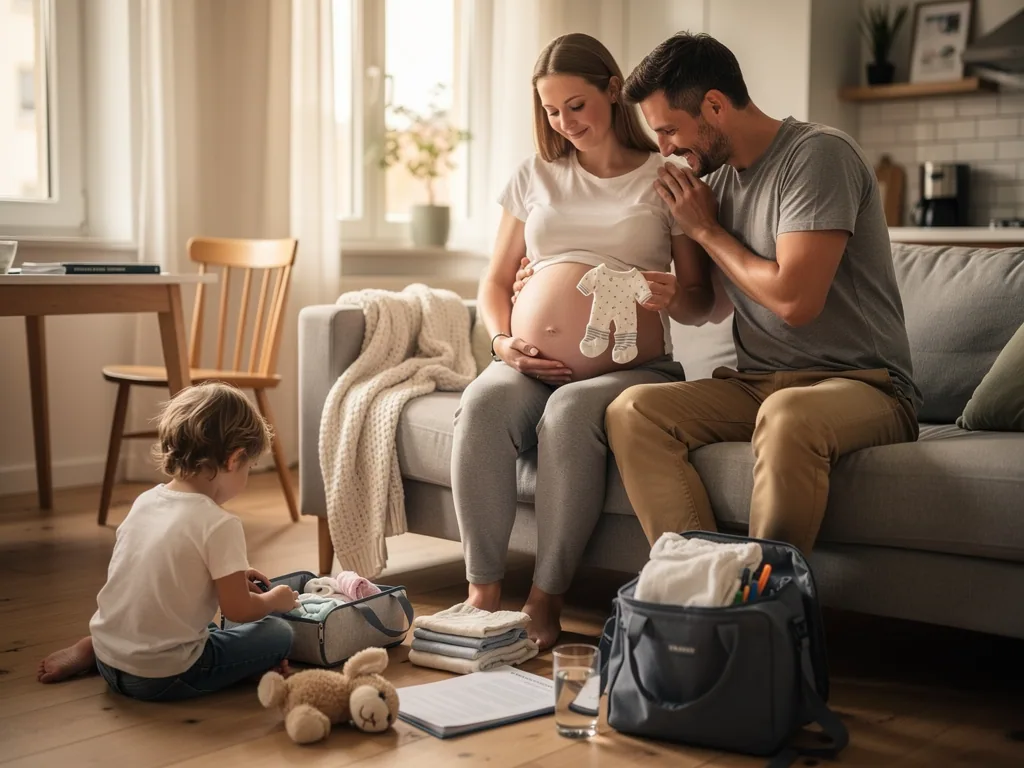 Schwangere im Wohnzimmer mit Partner, Kind, Babykleidung und gepackter Kliniktasche in der 37. SSW