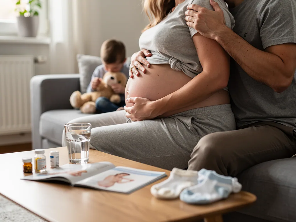 Schwangere in der 36. SSW sitzt mit Partner auf dem Sofa, Kind im Hintergrund, Babyartikel auf dem Tisch.