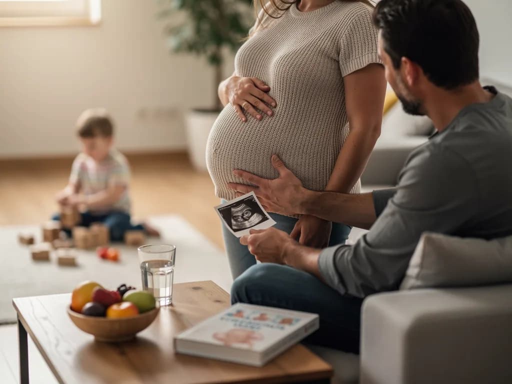 Schwangere mit Babybauch, Partner mit Ultraschallbild und Kind im Wohnzimmer in der 24. SSW