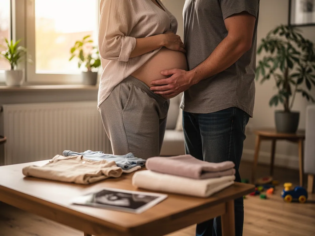 Schwangere mit Babybauch und Partner im Wohnzimmer, vor ihnen Babykleidung und Ultraschallbild auf dem Tisch.