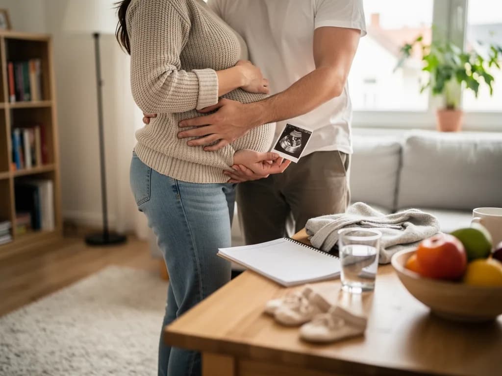 Schwangere mit Partner, der ihren Bauch hält und ein Ultraschallbild zeigt, im Wohnzimmer neben Baby-Schuhen.