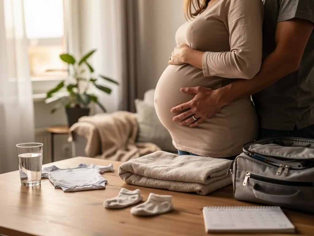 Schwangere mit Partner in der 38. SSW vor gepackter Kliniktasche und Babykleidung auf einem Tisch.