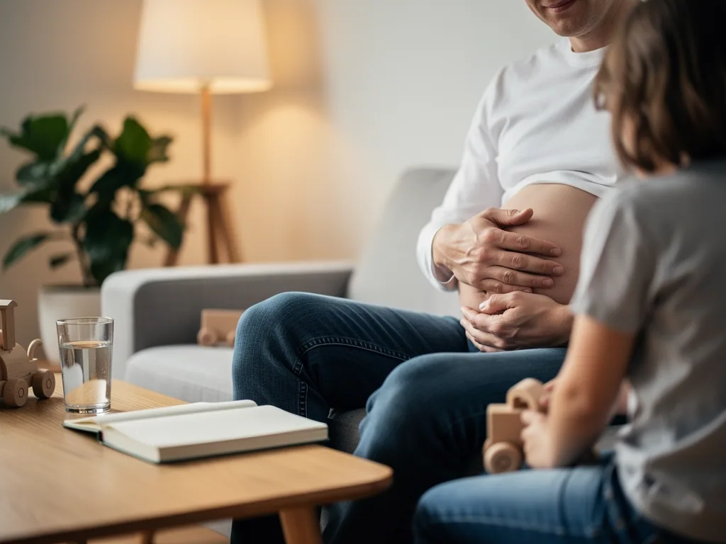 Schwangere Person sitzt auf dem Sofa und hält den Bauch, ein Kind mit Holzspielzeug sitzt daneben.