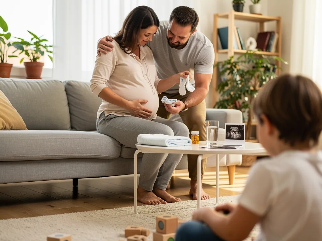Schwangere sitzt mit Partner auf dem Sofa, beide betrachten Babysöckchen; ein Kind spielt im Wohnzimmer.