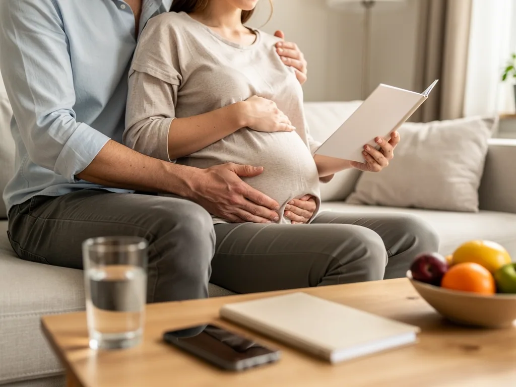 Schwangere sitzt mit Partner auf dem Sofa, beide halten den Bauch, sie liest in einer Broschüre.