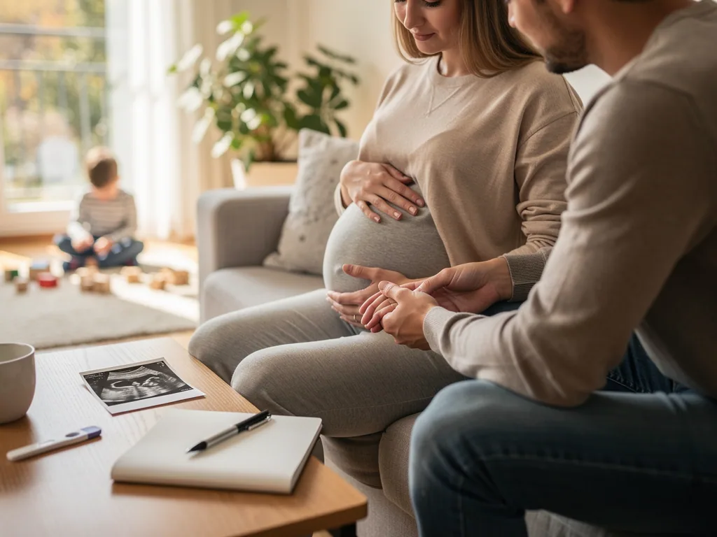 Schwangere sitzt mit Partner auf dem Sofa; Ultraschallbild, Notizbuch und Kinderspielzeug liegen im Wohnzimmer.