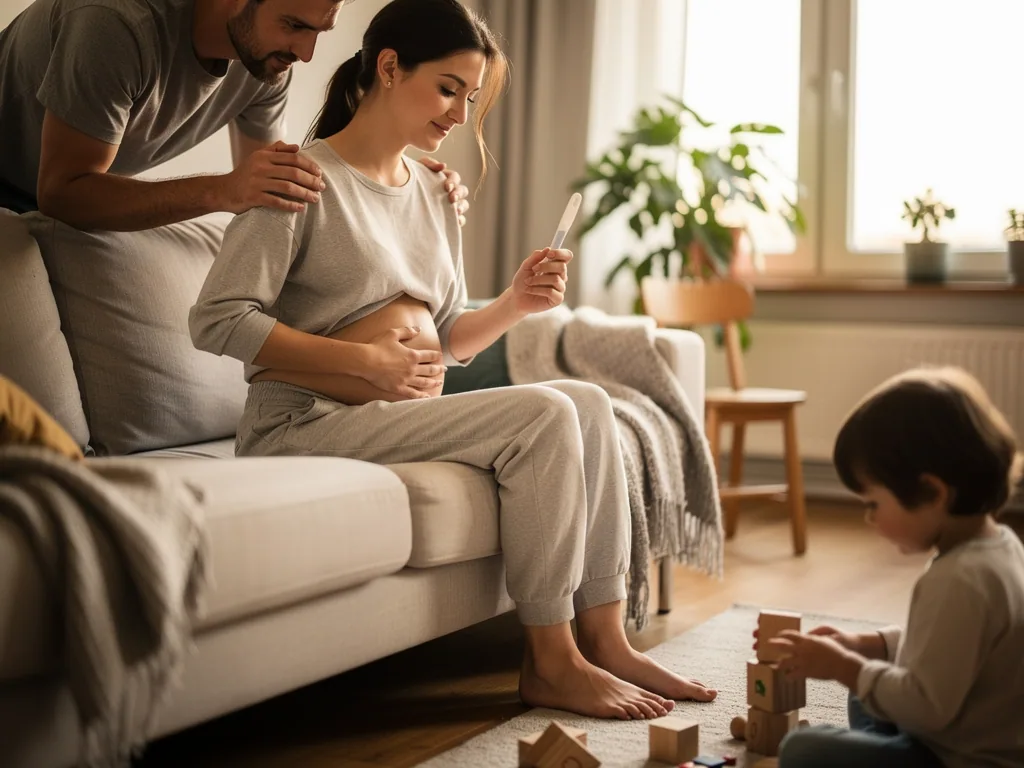 Schwangere sitzt mit Schwangerschaftstest auf dem Sofa, Partner berührt ihre Schultern, Kind spielt am Boden.
