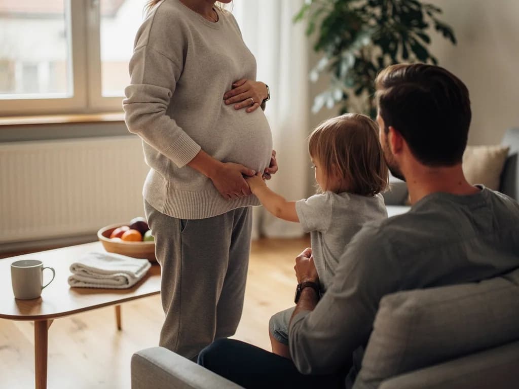 Schwangere steht im Wohnzimmer, Kind berührt ihren Bauch, Vater sitzt daneben auf dem Sofa.