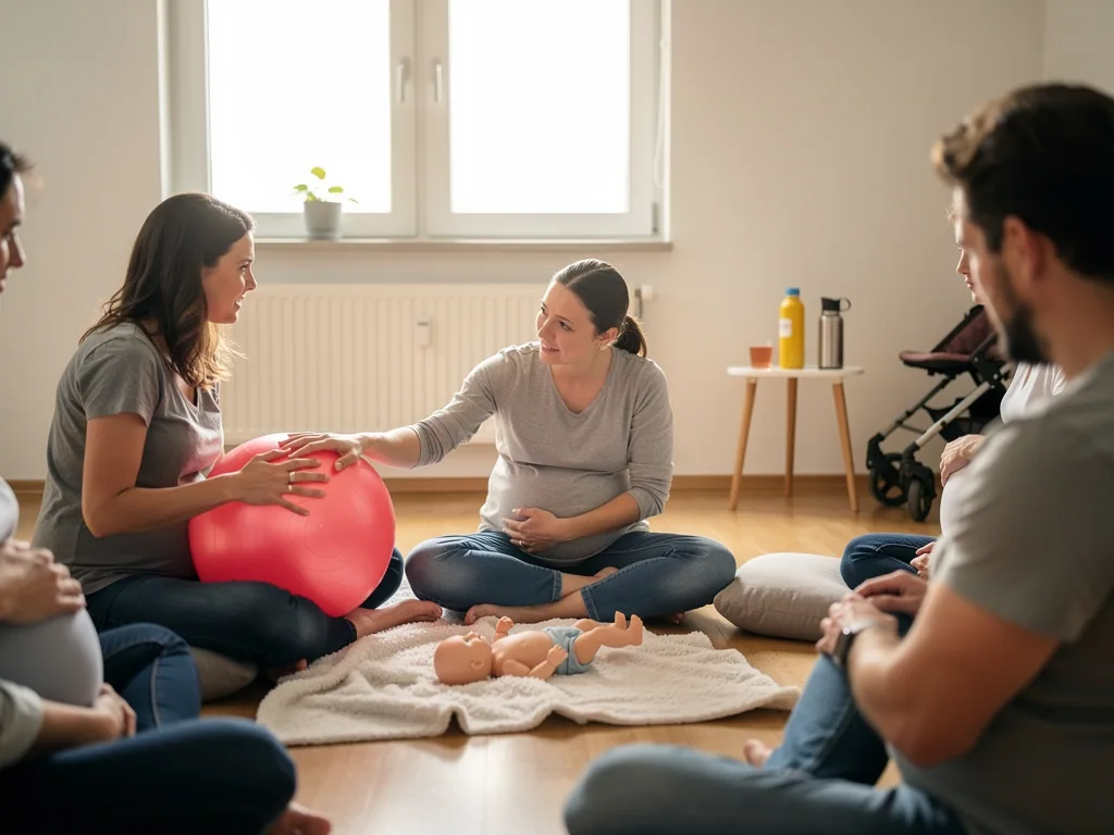 Schwangere üben im Geburtsvorbereitungskurs mit Gymnastikball und Babypuppe, Partner sitzen im Kreis dabei.