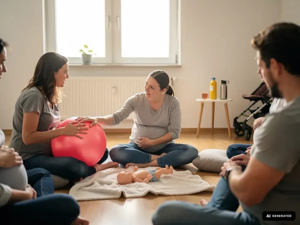 Schwangere üben im Geburtsvorbereitungskurs mit Gymnastikball und Babypuppe, Partner sitzen im Kreis dabei.