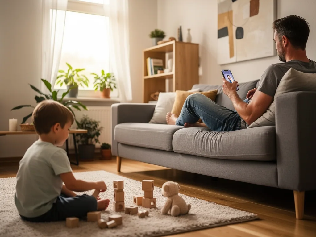 Vater auf dem Sofa schaut auf ein Smartphone, während sein Kind im Wohnzimmer mit Bauklötzen spielt.