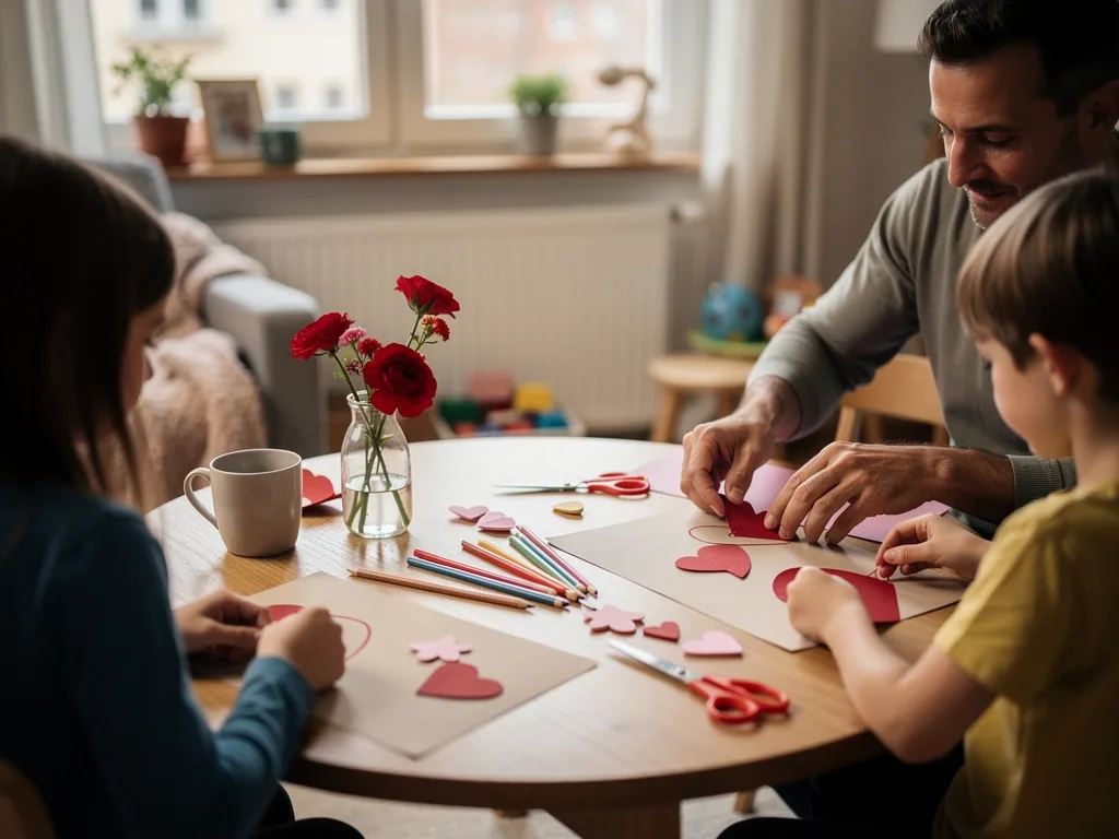 Vater bastelt mit zwei Kindern Valentinskarten mit Papierherzen, Stiften und Scheren am Küchentisch.