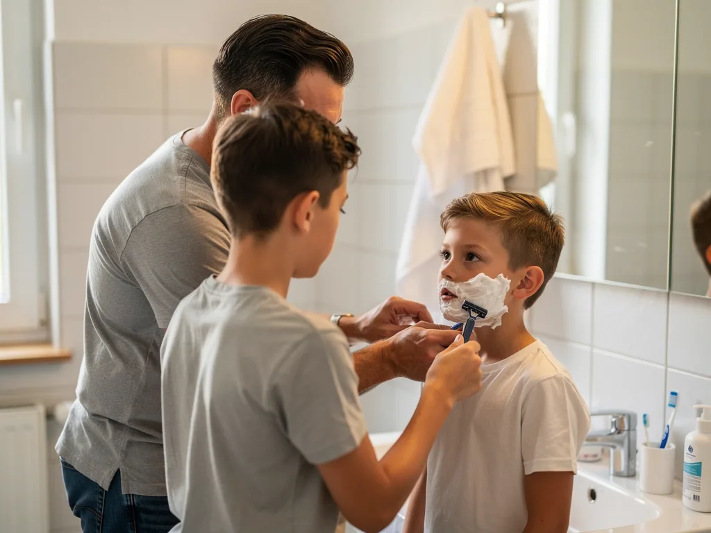 Vater begleitet zwei Jungen im Bad, während einer mit Rasierschaum im Gesicht vorsichtig rasiert wird.