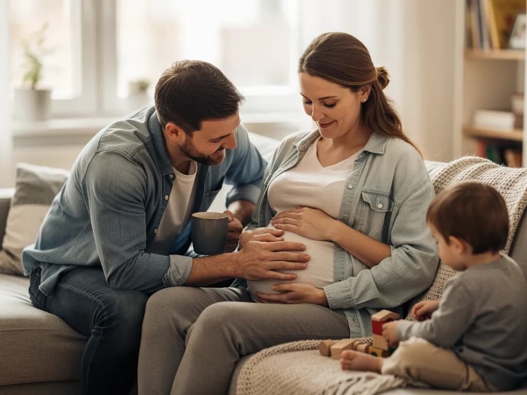 Vater berührt den Babybauch der Schwangeren auf dem Sofa, daneben spielt ein Kleinkind mit Holzklötzen.