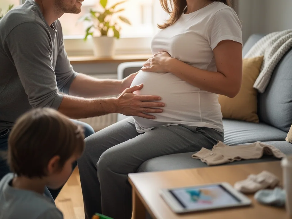 Vater berührt den Babybauch der Schwangeren, ein Kind sitzt daneben im Wohnzimmer.