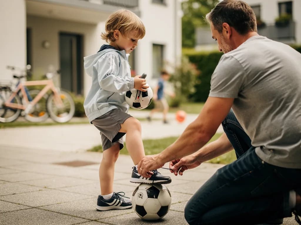 Vater bindet einem kleinen Kind die Schuhe, das mit Fuß auf einem Fußball steht.