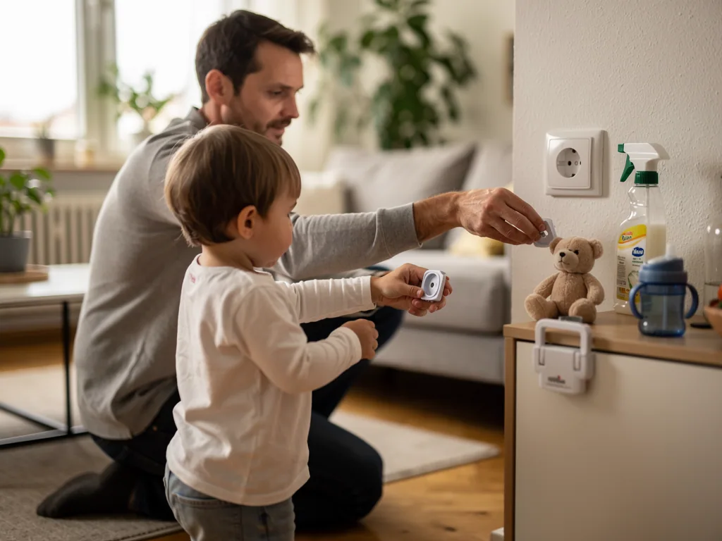 Vater bringt mit Kleinkind eine Steckdosensicherung im Wohnzimmer an.