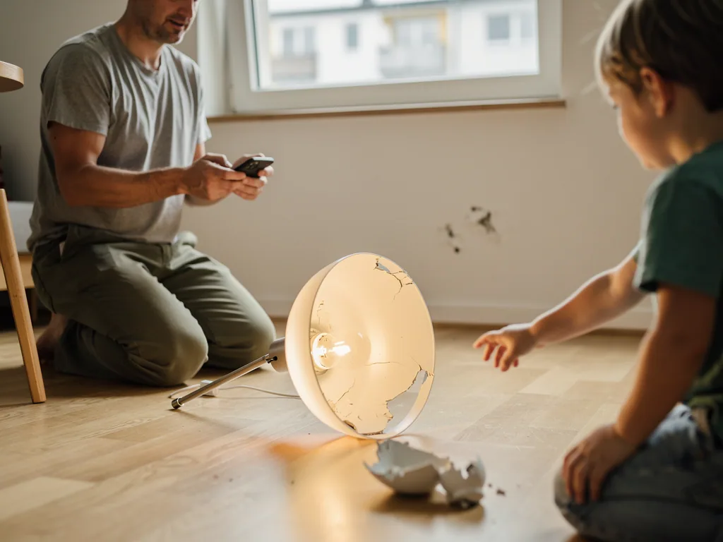 Vater fotografiert eine zerbrochene Lampe am Boden, während ein Kind daneben sitzt.