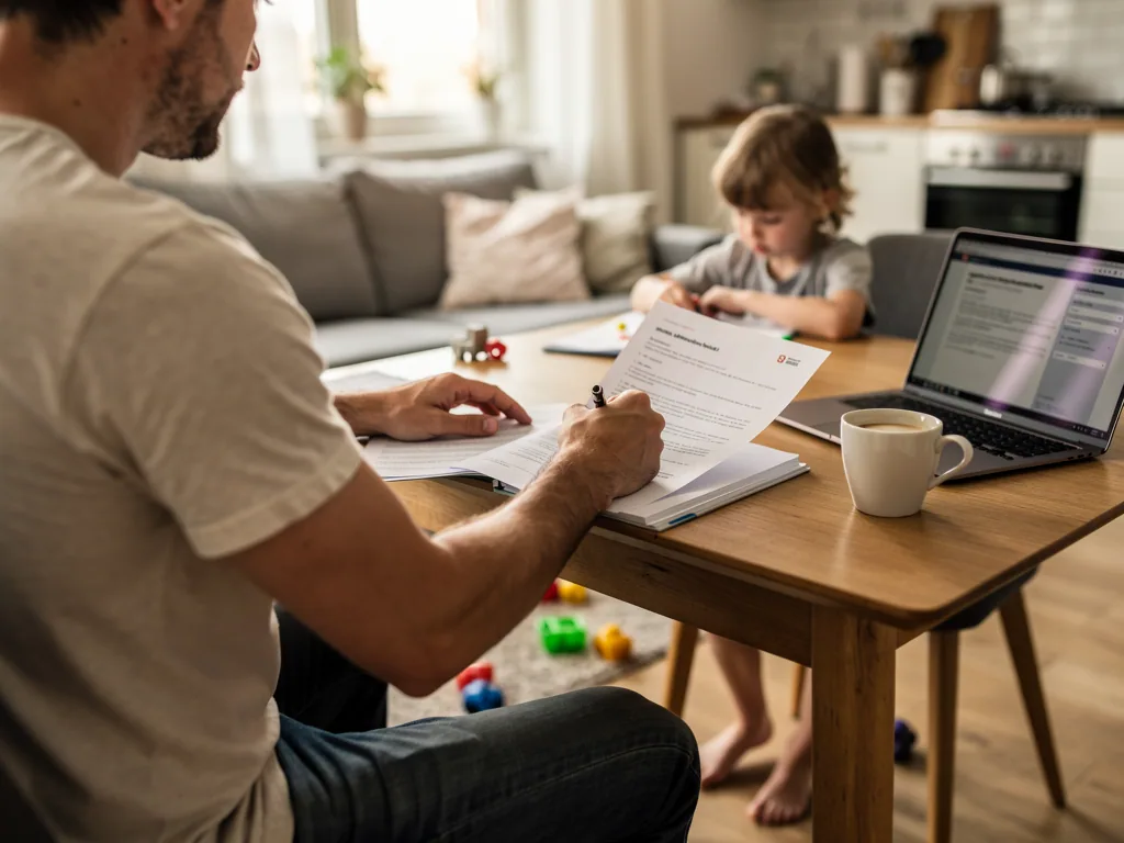Vater füllt am Esstisch Formulare aus, während sein Kind malt; daneben stehen Laptop und Kaffeetasse.