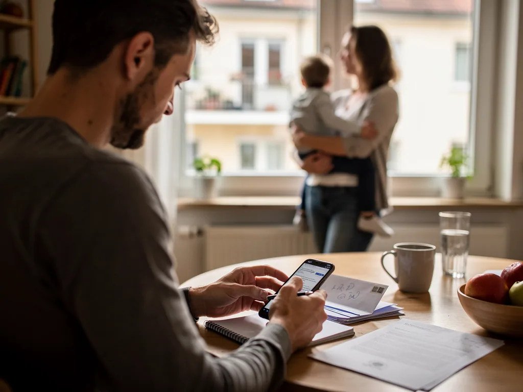 Vater füllt am Küchentisch mit Smartphone und Unterlagen einen Kindergeld-Antrag aus, Mutter hält Kind am Fenster.