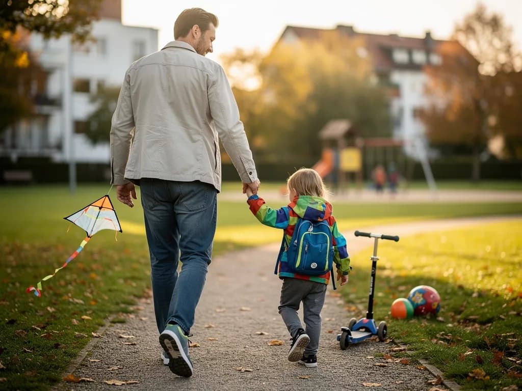 Vater geht Hand in Hand mit Kind im Park, daneben Drachen, Roller und Bälle auf der Wiese.