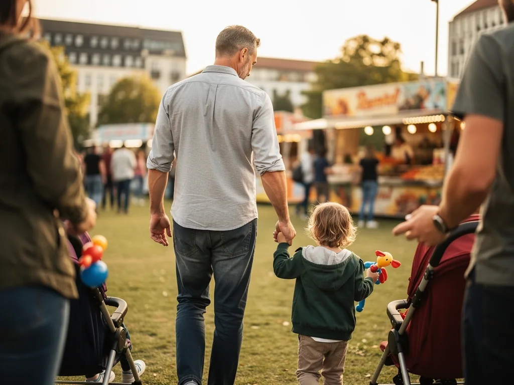 Vater geht mit Kind an der Hand über ein Festgelände mit Ständen, Menschen und Kinderwagen im Hintergrund.