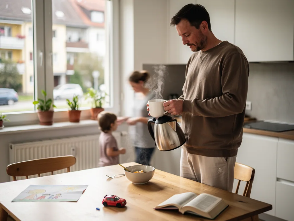 Vater gießt sich in der Küche Tee ein, während Kind und zweiter Erwachsener im Hintergrund sind.