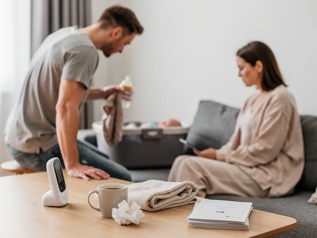 Vater hält Babyflasche am Sofa, Mutter sitzt erschöpft mit Handy neben schlafendem Baby im Wohnzimmer.