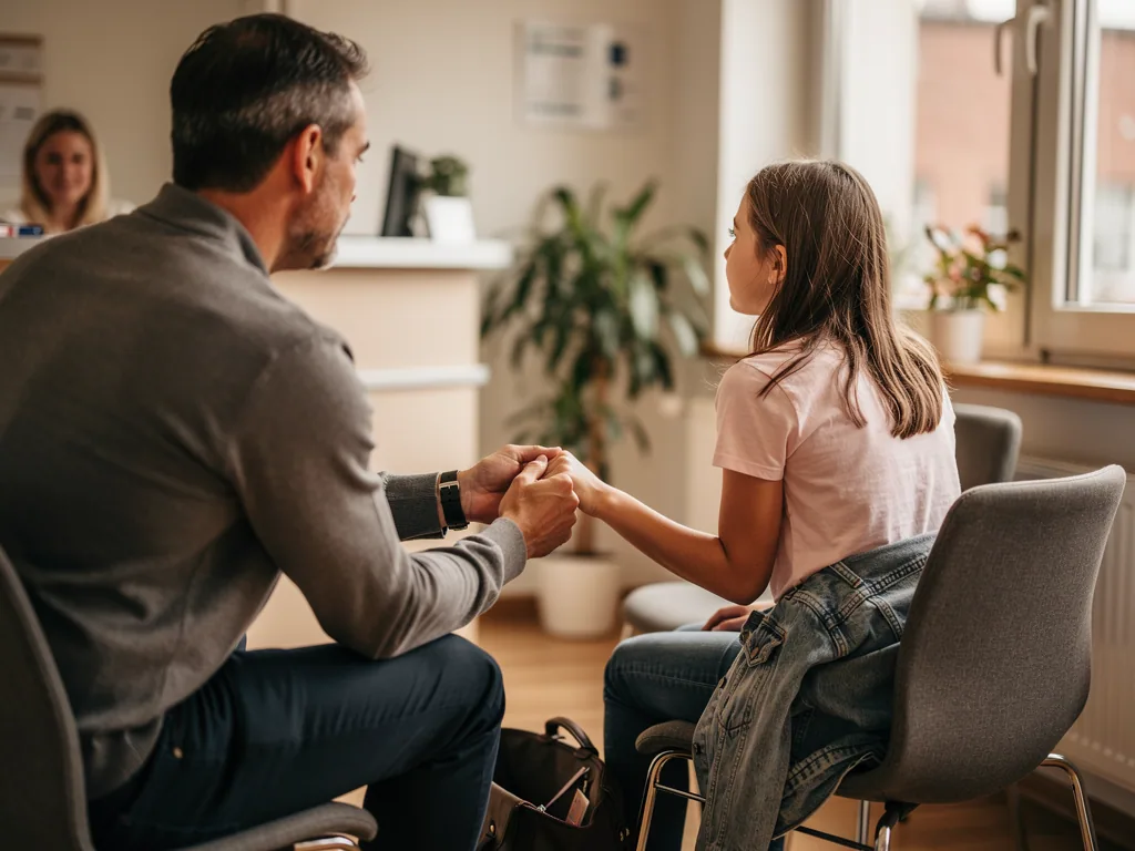 Vater hält die Hand seiner Tochter im Wartezimmer einer Frauenarztpraxis.
