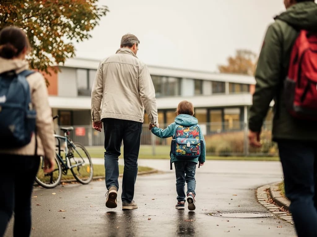 Vater hält die Hand seines Kindes mit Schulranzen auf dem Weg zur Grundschule, weitere Eltern gehen voraus.