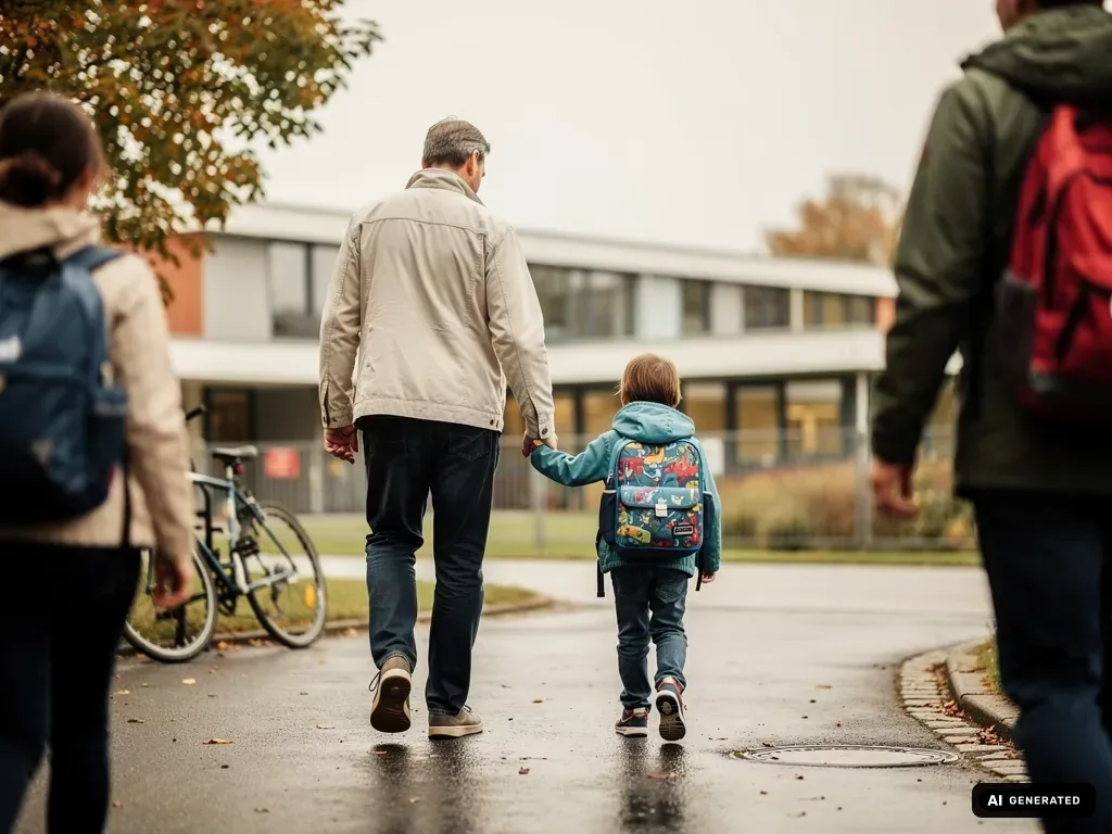 Vater hält die Hand seines Kindes mit Schulranzen auf dem Weg zur Grundschule, weitere Eltern gehen voraus.